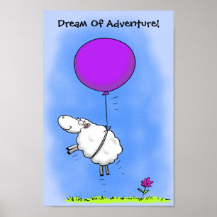 Affiche Mignons moutons volant avec un ballon rose dessin 
