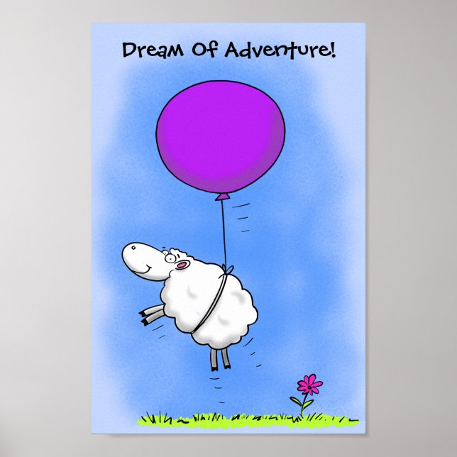 Affiche Mignons moutons volant avec un ballon rose dessin  (Devant)
