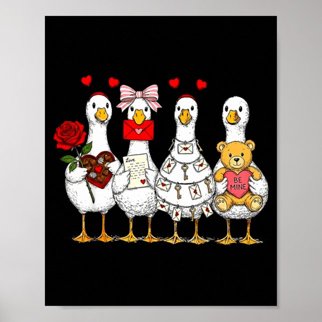 Affiche Mignons Rétro Saint-Valentin Oies Canard Amour Cou (Devant)