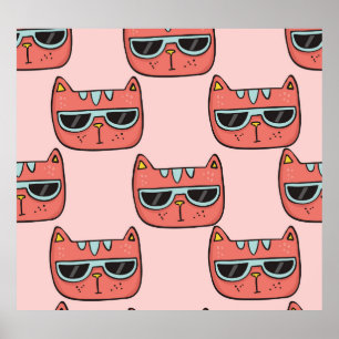Affiche Mignons visages de chat, motif sans soudure.