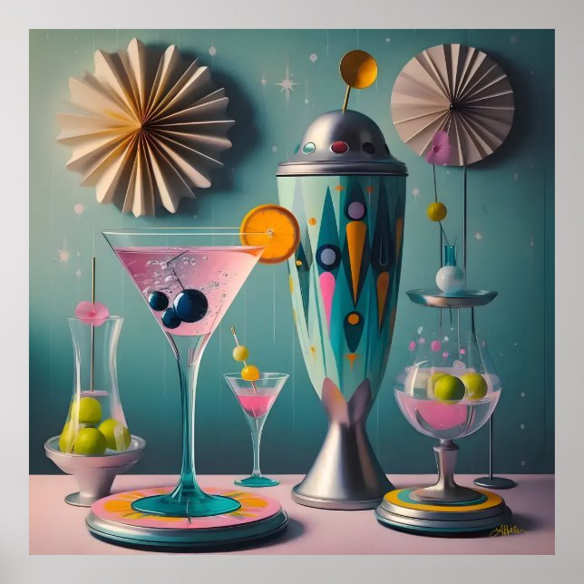 Affiche Milieu du siècle Cocktail Time Futuriste Atomique (Devant)