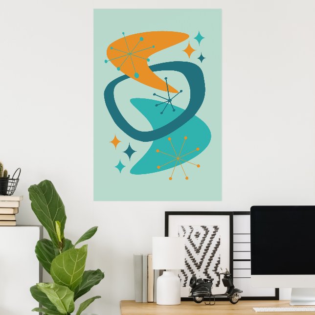 Affiche Milieu du siècle Ère atomique 7 Aqua, sarcelle, or (Bureau à domicile)