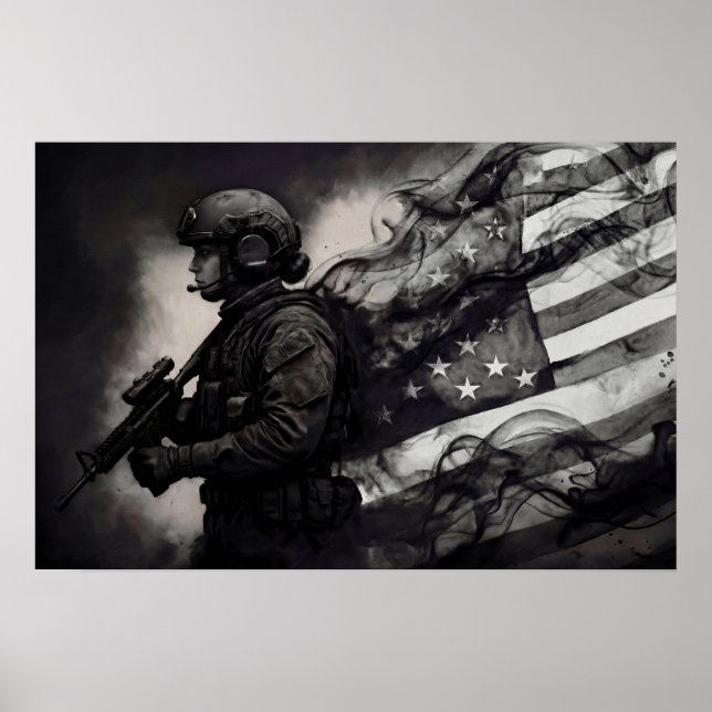 Affiche Military Female American Flag Smoke Ink Monochrome (Devant)