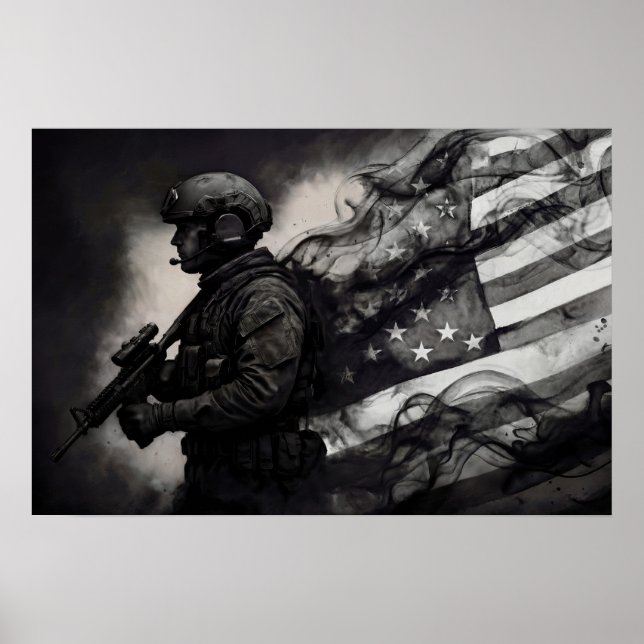 Affiche Military Smoke Ink American Flag Black & White Art (Devant)