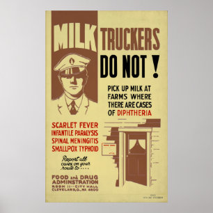Affiche Milk Trucker FDA Warning 1940 WPA Santé Vintage