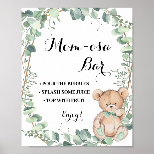 Affiche Mimosa Bar Momosa Bar Baby shower vert Ours (Devant)