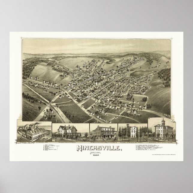 Affiche Minersville, PA Carte panoramique - 1889 (Devant)