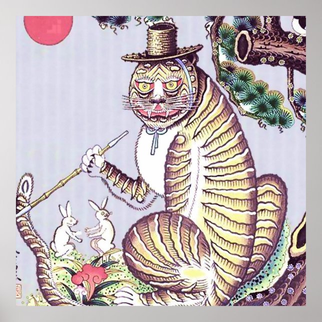 Affiche Minhwa Tiger avec lapins et tuyaux (Devant)