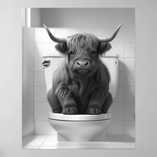 Affiche Mini bébé Highland vache sur toilettes Salle de ba (Devant)