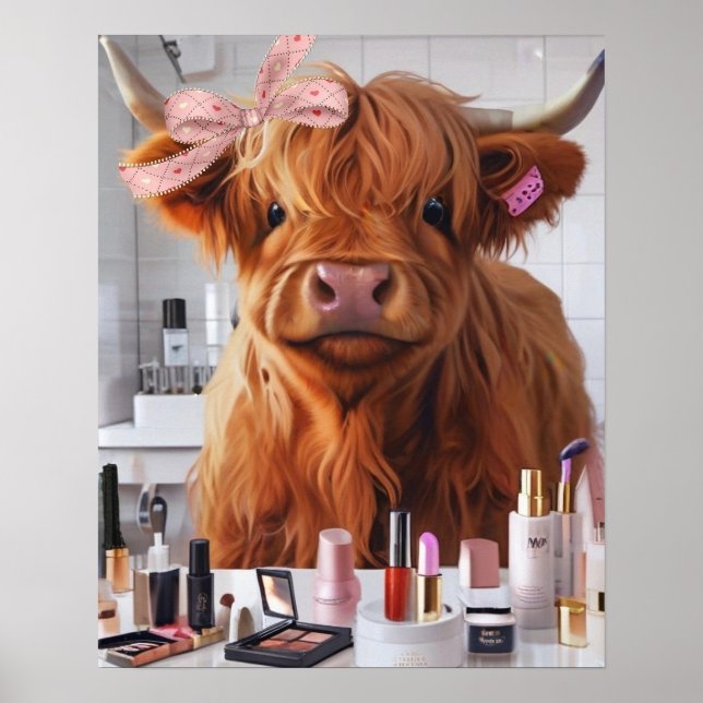 Affiche Mini Highland Cow Pink Ruban et produits de beauté (Devant)