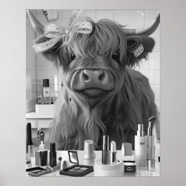 Affiche Mini Highland Cow Pink Ruban et produits de beauté (Devant)