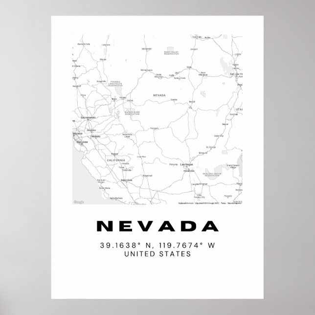 Affiche Mini Nevada Map Art - noir et blanc (Devant)