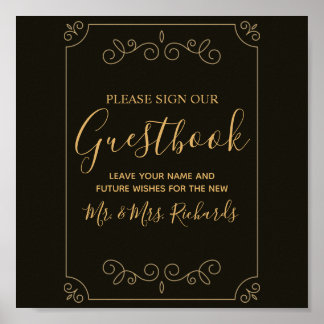 Affiche Minimal Black Gold Frame Frontières Mariage Guestb