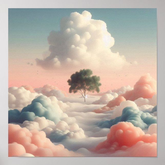 Affiche Minimal Surreal Tree Above Soft Pastel Clouds (Devant)