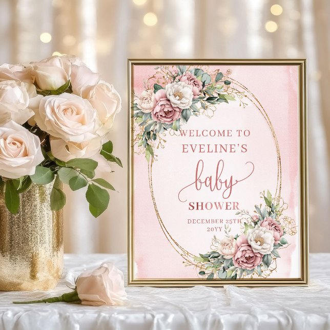 Affiche Minimal Welcome Dusty Pink Flowers Gold Glitter  (Minimal Welcome Dusty Pink Flowers Gold Glitter)