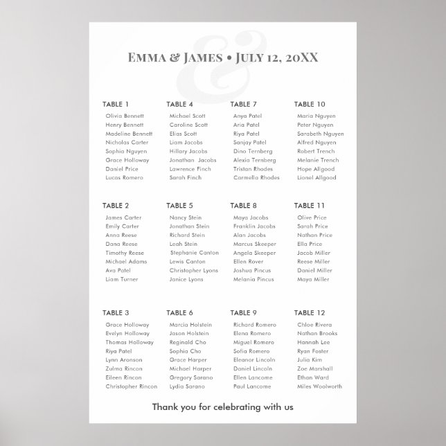 Affiche Minimalist Ampersand Wedding | Seating Chart 12 (Devant)