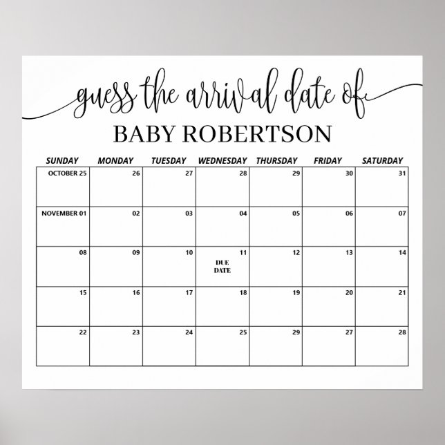 Affiche Minimalist Baby Shower Guess Due Date Calendar (Devant)