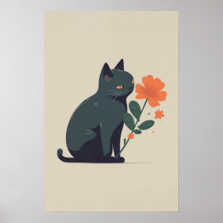 Affiche Minimalist Black Cat Flower 
