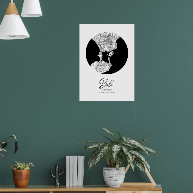 Affiche Minimalist Black & White Bali City Map  (Salon 1)