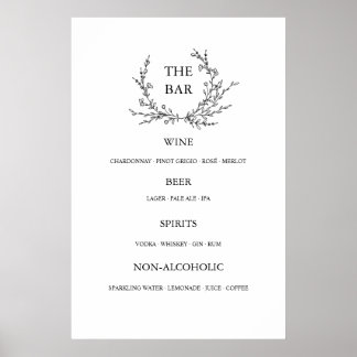 Affiche Minimalist Floral Line Art Wedding Open Bar Menu