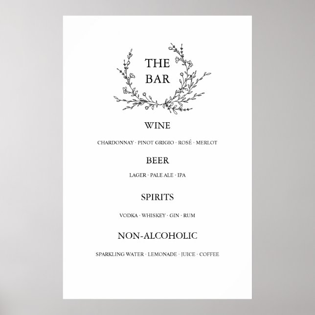 Affiche Minimalist Floral Line Art Wedding Open Bar Menu (Devant)