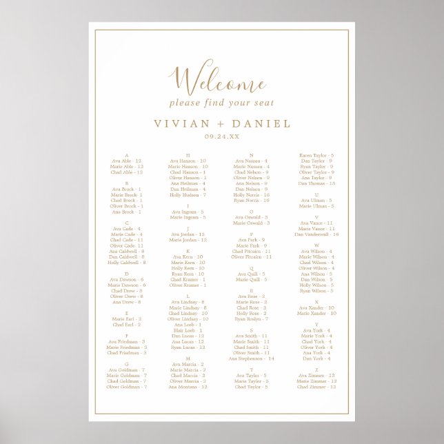 Affiche Minimalist Gold Alphabetical Seating Chart (Devant)