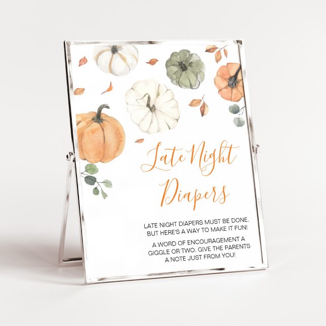 Affiche Minimaliste Un Peu Citrouille Diapositives De Nuit (A Little Pumpkin Baby Shower Late Night Diapers Sign)