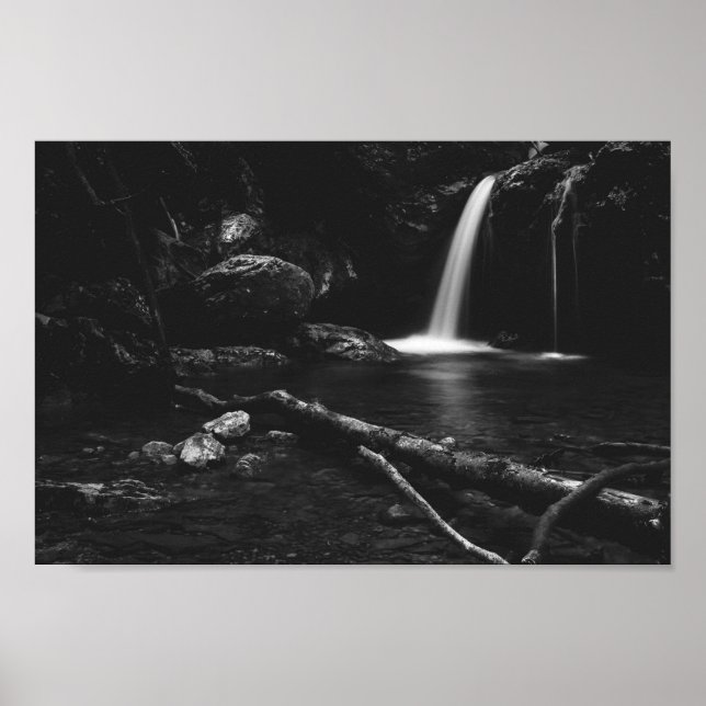 Affiche Minimalistic waterfall behind broken tree in black (Devant)