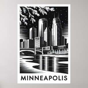 Affiche Minneapolis Minnesota Skyline Noir Blanc Gravure s