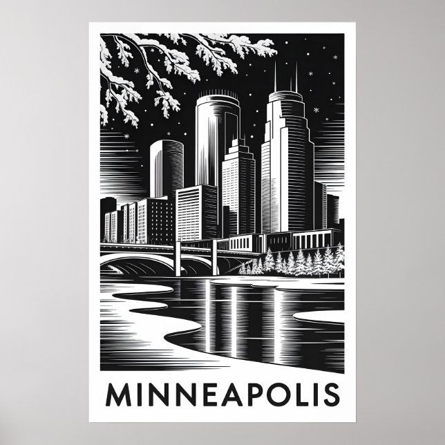 Affiche Minneapolis Minnesota Skyline Noir Blanc Gravure s (Devant)