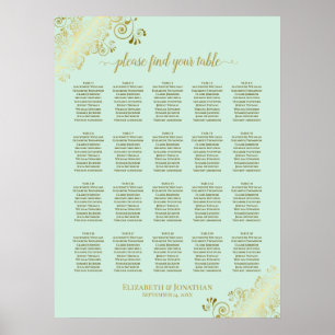 Affiche Mint Green & Gold 20 Table Wedding Seating Chart