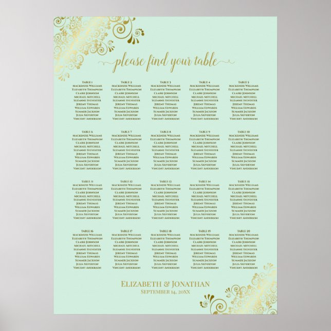Affiche Mint Green & Gold 20 Table Wedding Seating Chart (Devant)