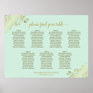 Affiche Mint Green & Gold 7 Table Wedding Seating Chart
