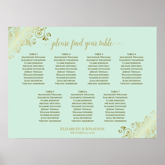 Affiche Mint Green & Gold 7 Table Wedding Seating Chart (Devant)