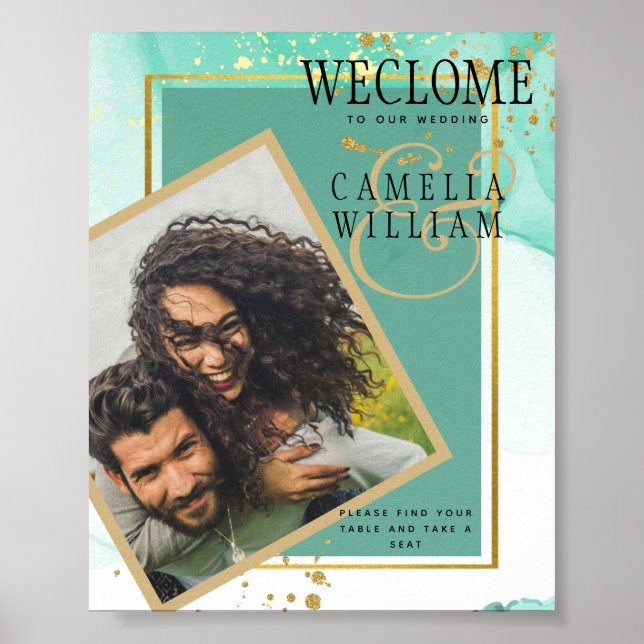 Affiche Mint Green Gold MARIAGE Encre d'alcool Abstraite (Devant)