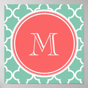 Affiche Mint Green Quatrefoil Motif, Monogramme de corail