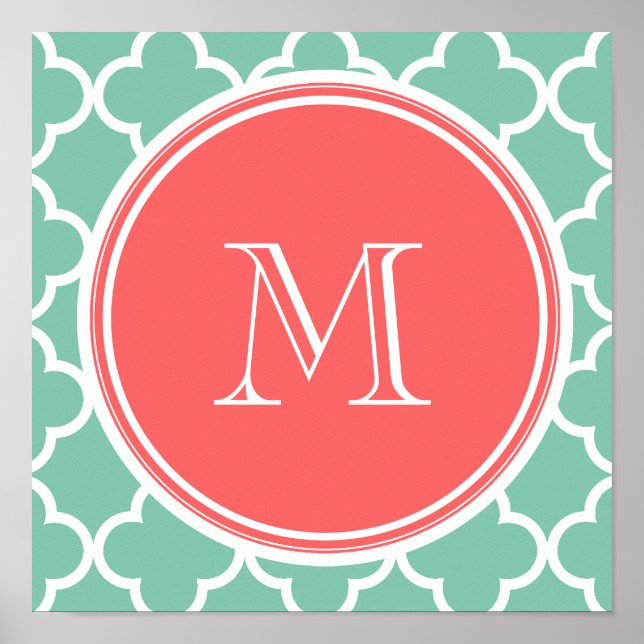 Affiche Mint Green Quatrefoil Motif, Monogramme de corail (Devant)