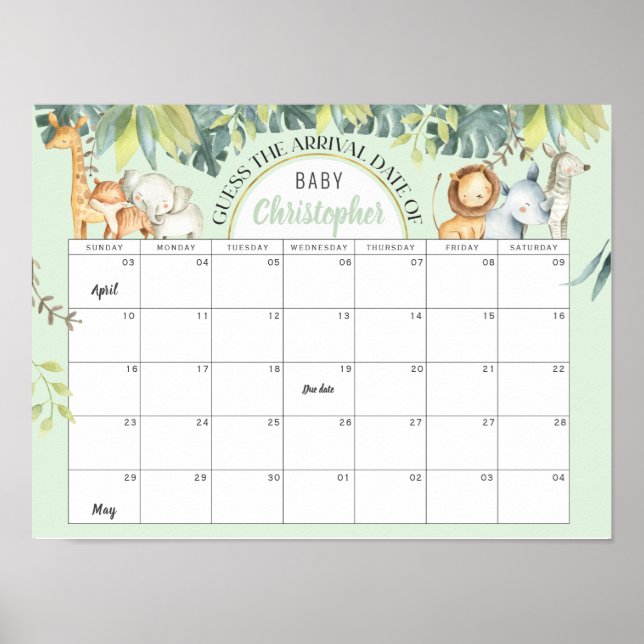 Affiche Mint safari mignon jungle baby shower calendrier j (Devant)