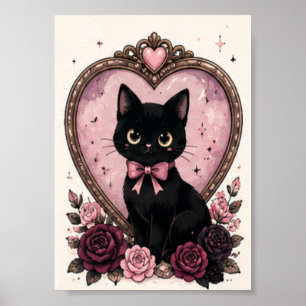 Affiche Miroir Vintage Rose Chat Noir Halloween