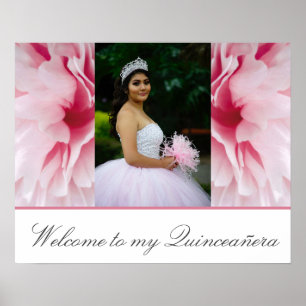 Affiche Mis Quince Pink Floral Bienvenue à ma Quinceañera