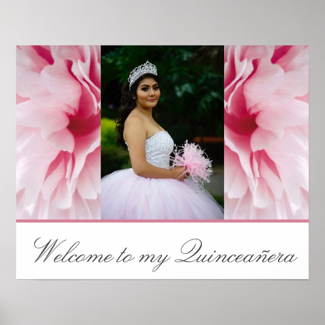 Affiche Mis Quince Pink Floral Bienvenue à ma Quinceañera (Devant)