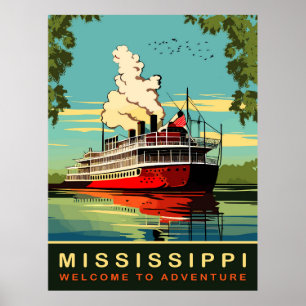 Affiche Mississippi, Croiseur à vapeur, Voyage Vintage