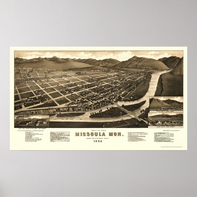Affiche Missoula, MT Carte panoramique - 1884 (Devant)