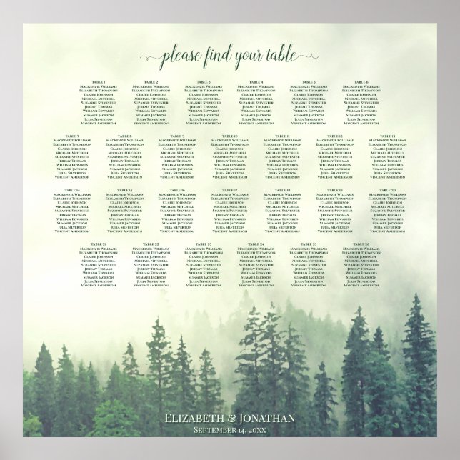 Affiche Misty Green Pines 26 Table Wedding Seating Chart (Devant)