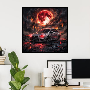 Affiche Mitsubishi Lancer Evo 10 sous une lune cramoisie