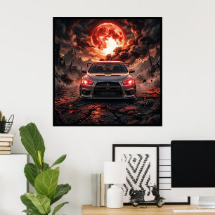 Affiche Mitsubishi Lancer Evo 10 sous une lune cramoisie