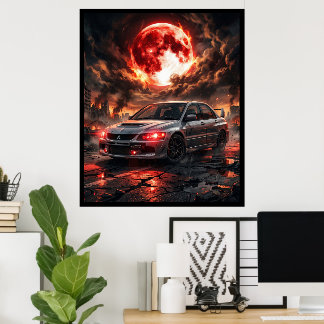 Affiche Mitsubishi Lancer Evo 9 sous la lune cramoisie