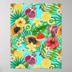 Affiche Mix-fruit tropical, fleurs et feuilles en bleu