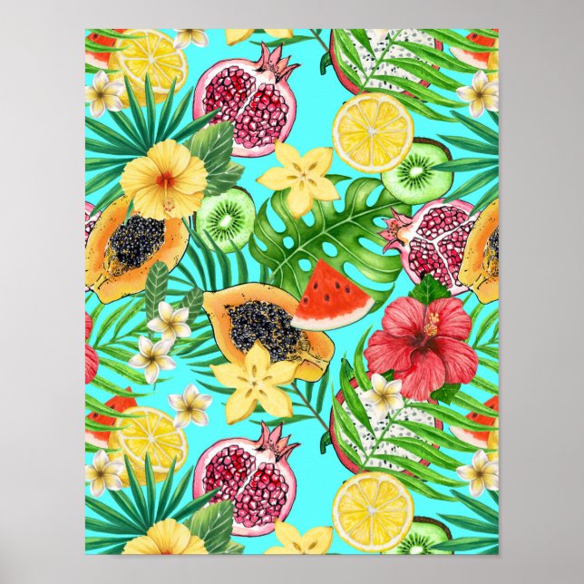 Affiche Mix-fruit tropical, fleurs et feuilles en bleu (Devant)