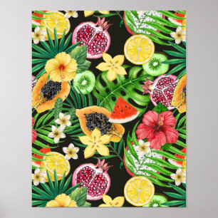 Affiche Mix-fruits tropicaux, fleurs et feuilles en noir